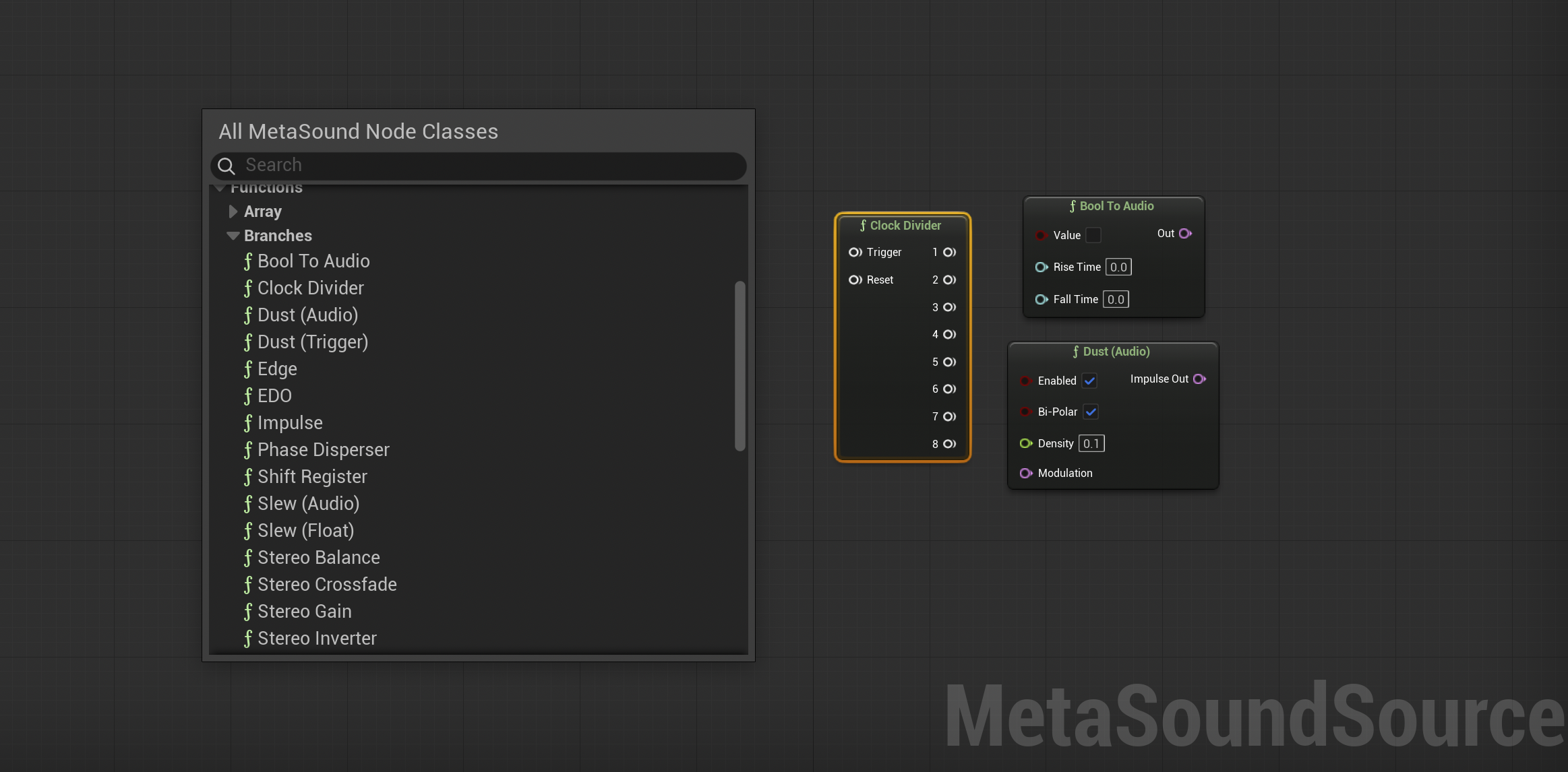 Screenshot of a context menu showing the Branches category underneath Functions in Unreal Engine Metasounds
